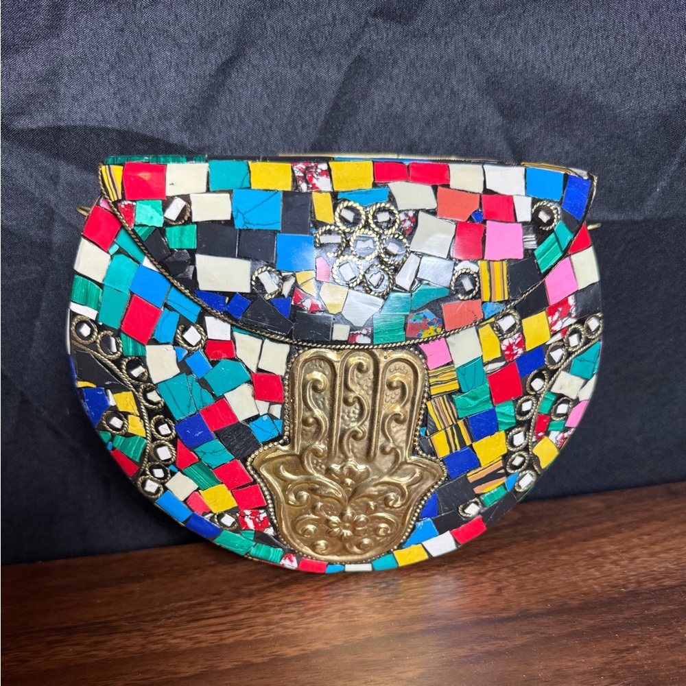 Ramla Colorful Mosaic‎ Clutch with Shoulder Strap and Brass Hamsa